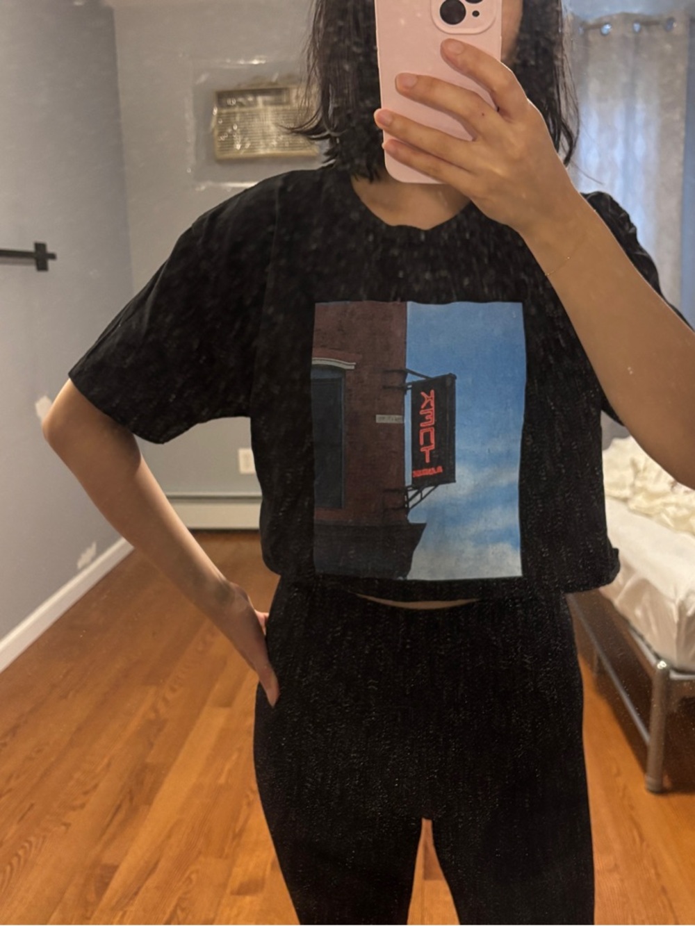 Black Graphic Crop Tee with Kent Sign and Sky Print